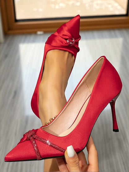 with Women's Red Satin Heels Stiletto Pointed Toe