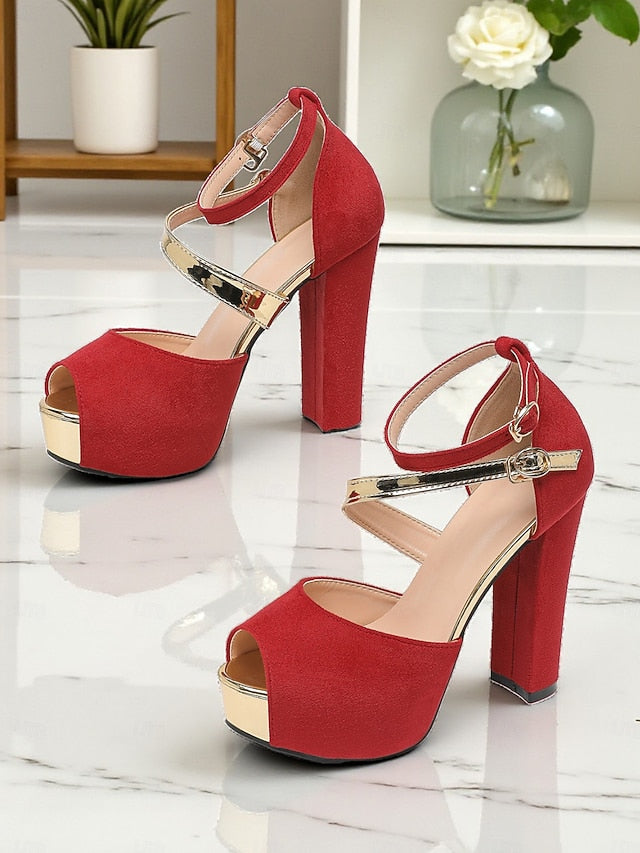 Platform Suede Red Peep Women's Sandals Toe - Block Heel