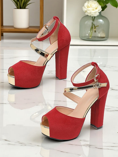 Platform Suede Red Peep Women's Sandals Toe - Block Heel