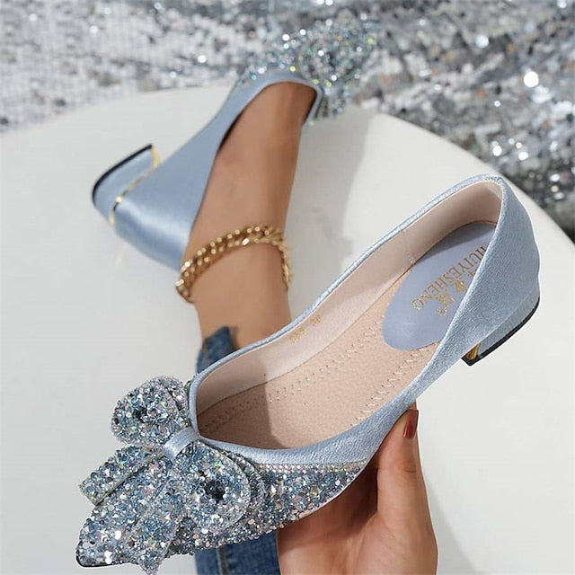 Rhinestone Elegant Women's Bow with - Glitter Detail Flats