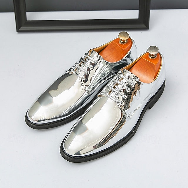 for – Patent Gold Shiny Shoes Leather Men Sleek Lace-Up