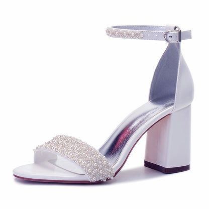 Block Pearl Strap Ivory Embellished Ankle White Women's