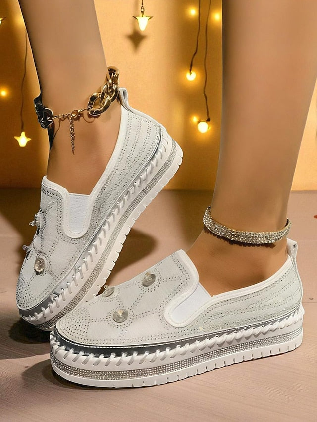 Rhinestone Studs Sneakers Women's Platform Slip-On Red with