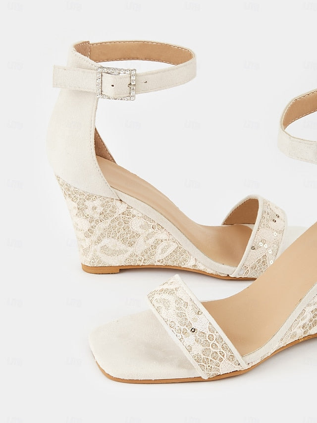 Women Wedge for Heel Sandals Ankle Stylish White Lace Strap –