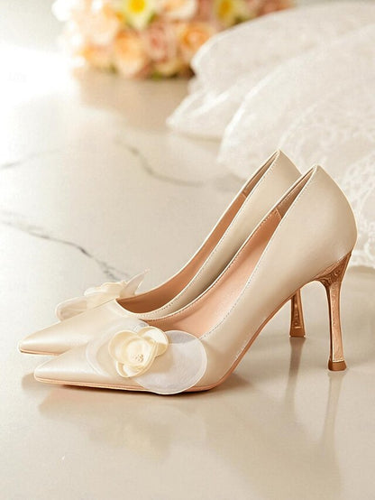 Elegant Satin Pointed Floral - Women's Wedding Ivory Heels
