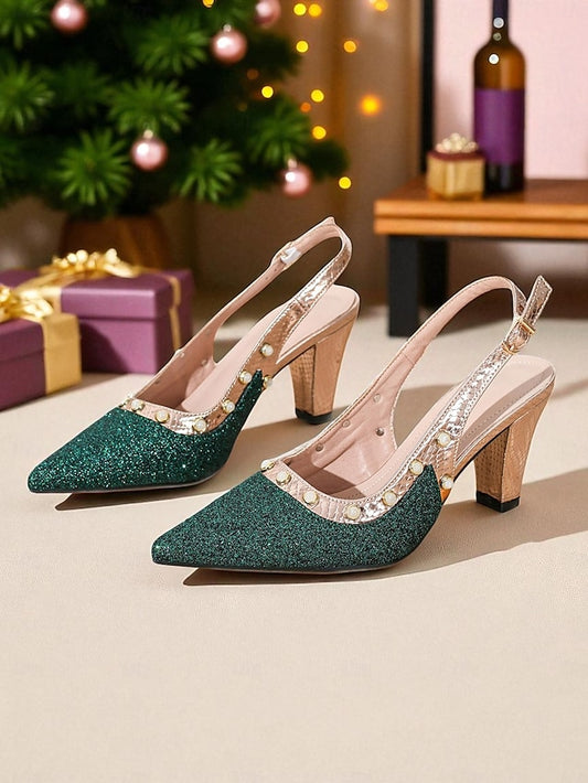 Strap Women's Heels Gold Green Glitter High Slingback with