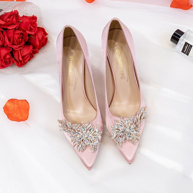 High Women's – Heels Rhinestone Satin Elegant Pink