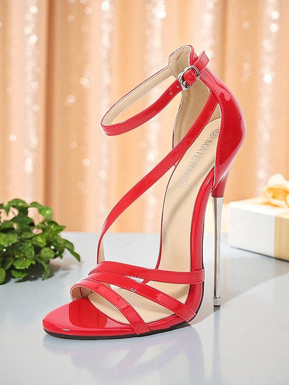 Red Strappy Sandals Heels PU High Women's Stiletto Patent -