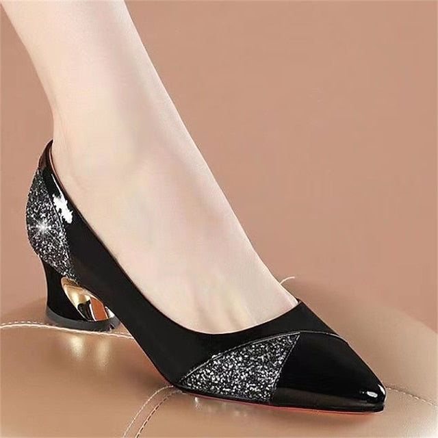 Faux Heels Glitter-Accented Women's Leather Block Patent