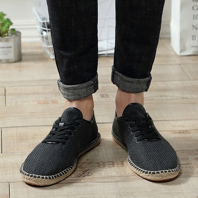 Men's Beige Canvas Lace-Up Espadrille Shoes with Jute Rope