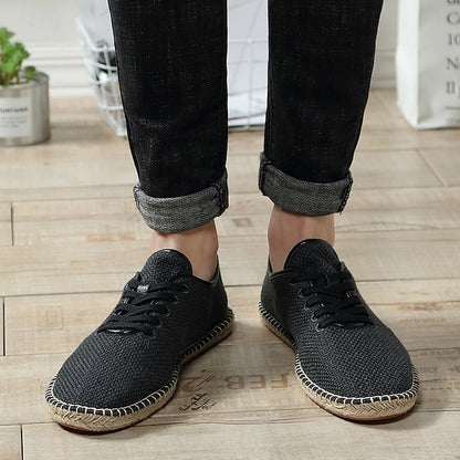 Men's Beige Canvas Lace-Up Espadrille Shoes with Jute Rope