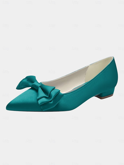 Pointed - Bow Flats Women's Elegant Satin Green Toe