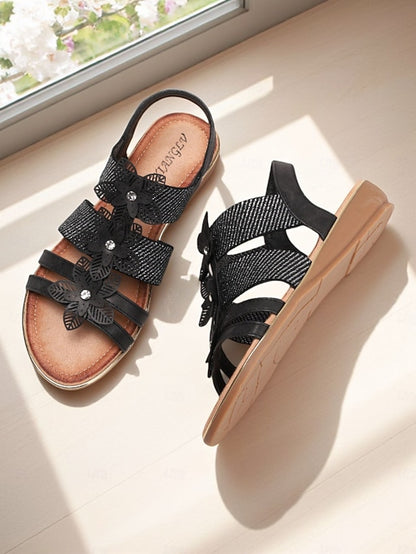 Elegant Rhinestone Flat Floral – Sandals Women's Beige