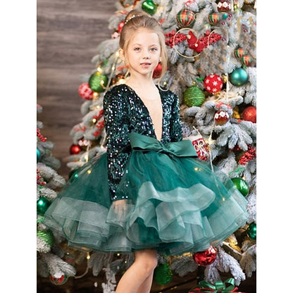Girls' Fall Sleeve Spring Sequin Dress Summer Long 3D
