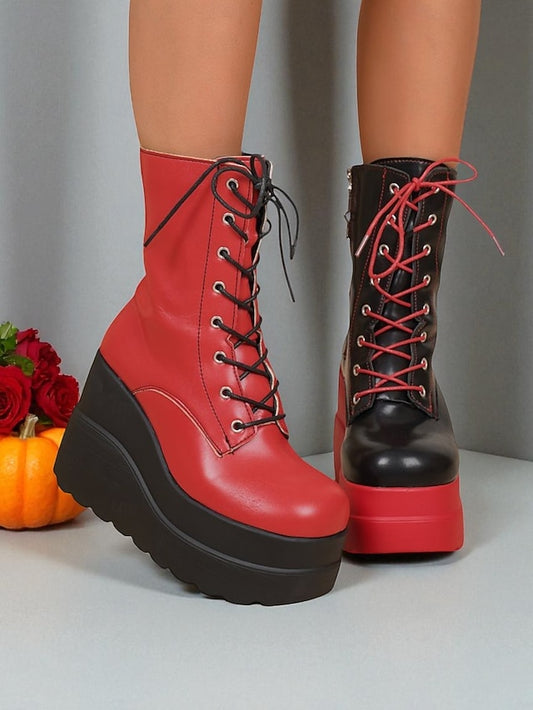 Boots Lace-Up - Ankle Women's Platform and Bold Black Red