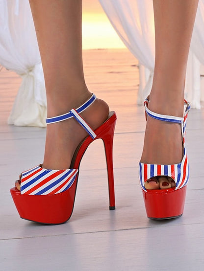 White Red and Striped Platform Stiletto Blue Women's Heels