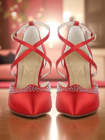 - Ballroom Toe Red Shoes Dance Satin Closed Cross Women's