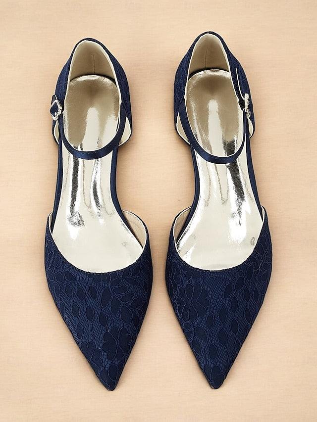 Lace Pointed with Blue and Ankle Flats Strap Navy Women's