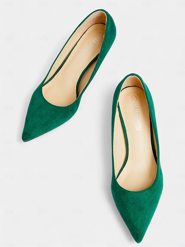 Women's Pumps Kitten Suede with Emerald Green Pointed-Toe