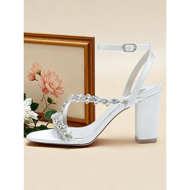 Block Rhinestone Heel - Straps with Sandals White Women's
