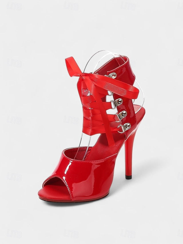 Sexy Stiletto Black - Patent Lace-Up Cutout Women's Sandals