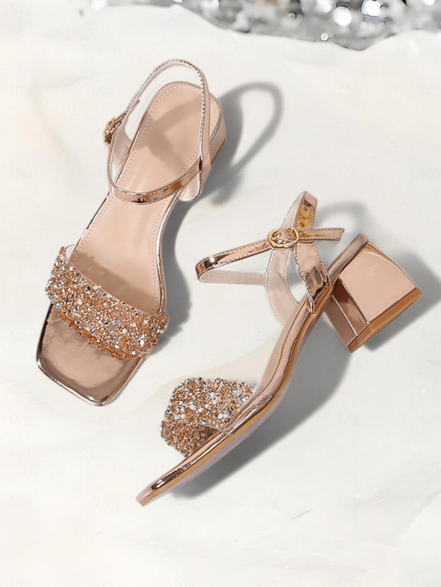 – for Gold Wedding Women Rhinestone Elegant Heel Block Sandals