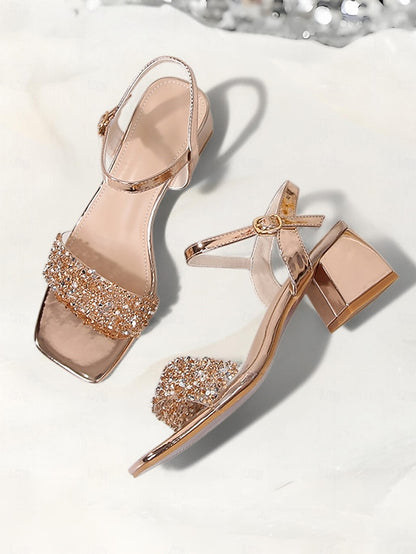 – for Gold Wedding Women Rhinestone Elegant Heel Block Sandals