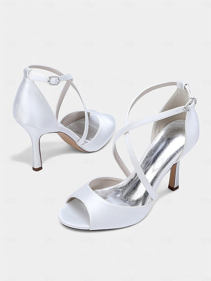 – Heels Peep-Toe Women's Satin Elegant Cross-Strap White