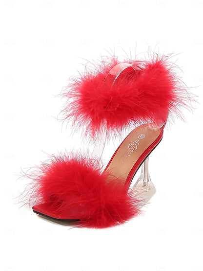 Feather-Embellished Heel with Sandals Turquoise Clear High