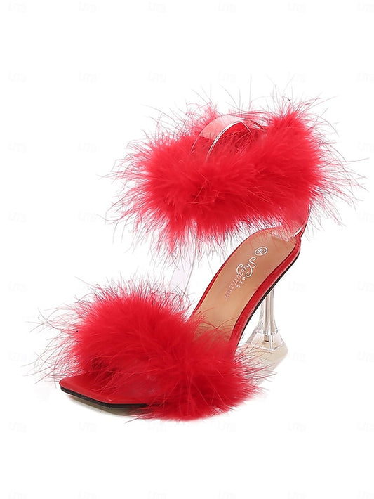 Feather-Embellished Heel with Sandals Turquoise Clear High