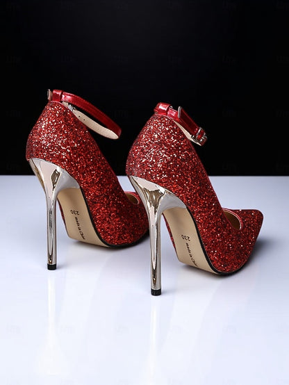 Heels Women's Stiletto – Pointed Sparkly Glitter Gold Toe