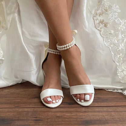 with Anklet and Heels Block Pearl Sandals - Wedding Satin White