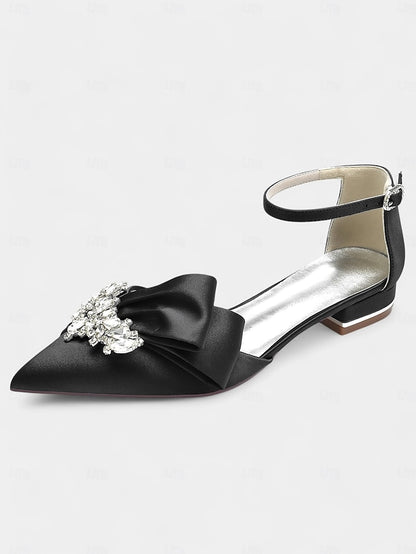 Pointed-Toe White Rhinestone Bow Heels with Ankle Satin and