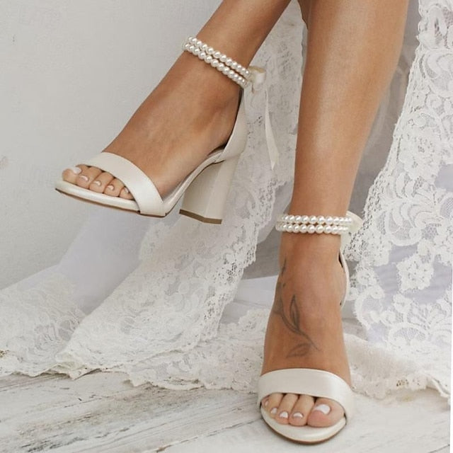 with Anklet and Heels Block Pearl Sandals - Wedding Satin White