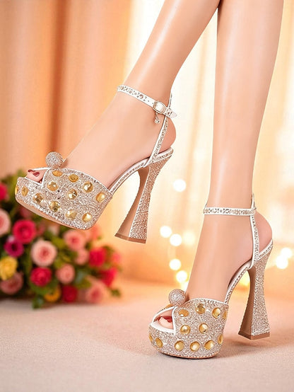 Platform Heel Sandals High with Matching Women's Rhinestone
