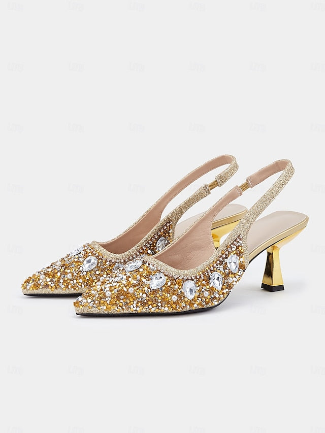 Slingback with Heels Rhinestone Gold Women's Pearl