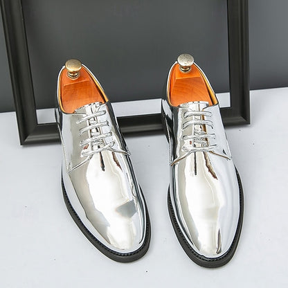 for – Patent Gold Shiny Shoes Leather Men Sleek Lace-Up