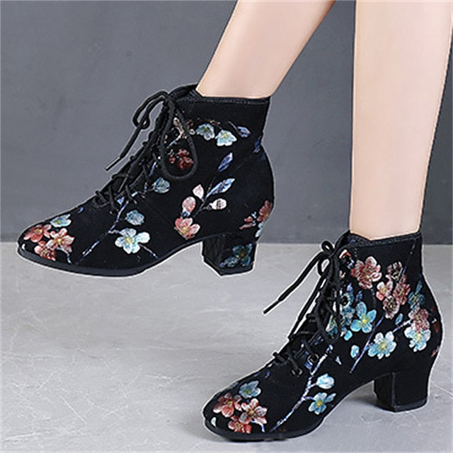 Comfortable Shoes Black – Lace-up Women Low Floral Dance for