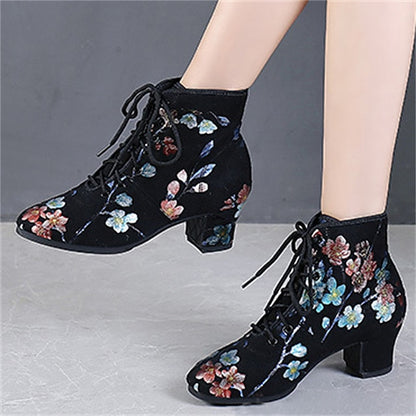 Comfortable Shoes Black – Lace-up Women Low Floral Dance for