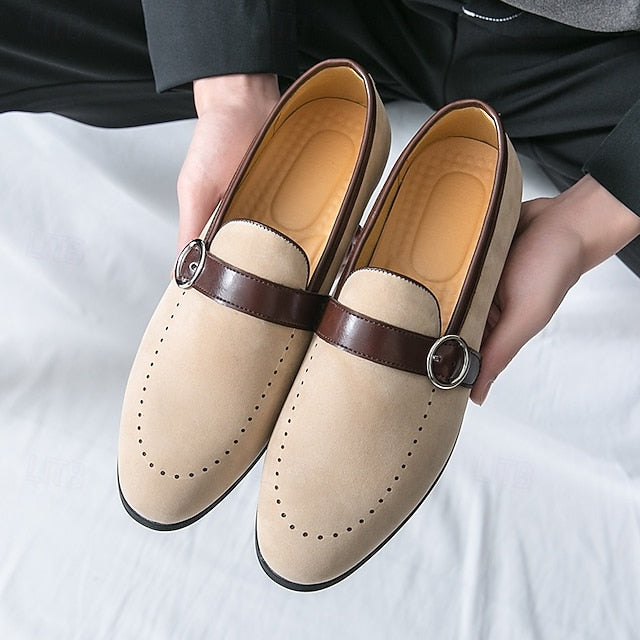 Slip-On Strap Brown Faux Loafers with Suede Buckle Men's