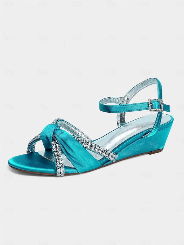 Satin Rhinestone Green - Women's Knot Wedge Sandals