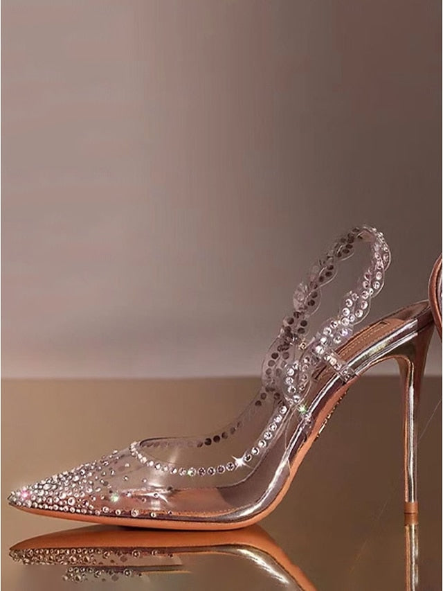 Pointed Heels Clear Rhinestone Toe Slingback with Women's
