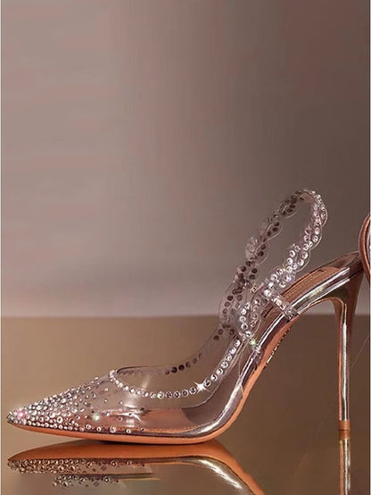 Pointed Heels Clear Rhinestone Toe Slingback with Women's