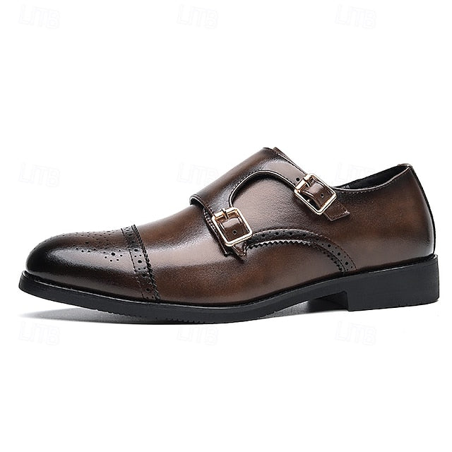 Men's Monk with Strap Brown Double Shoes Faux Leather