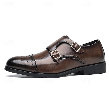 Double with Brown Monk Faux Men's Leather Strap Shoes