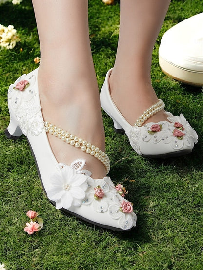 Pearl Bridal Shoes Heel Embellished White for Floral Low Strap