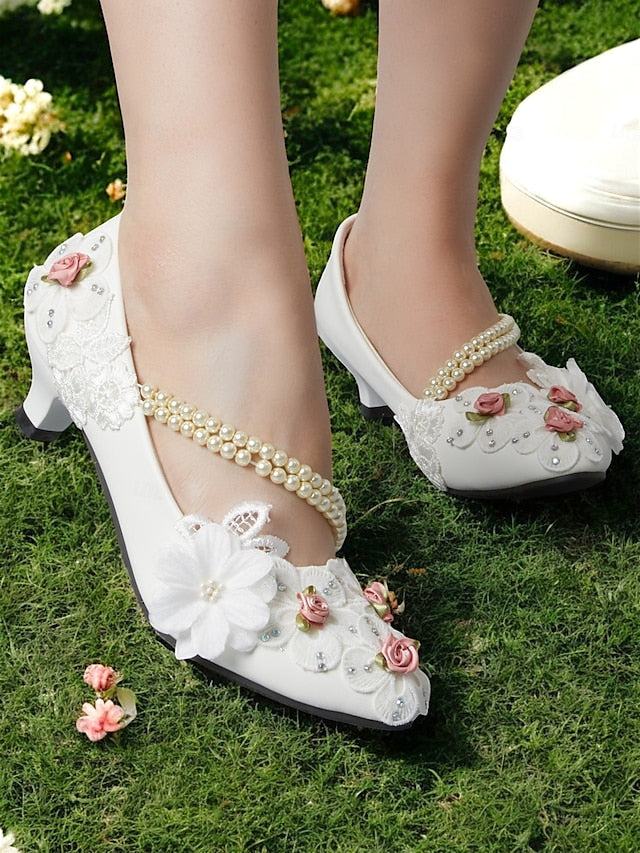 for Shoes Low Strap Heel Bridal White Floral Pearl Embellished