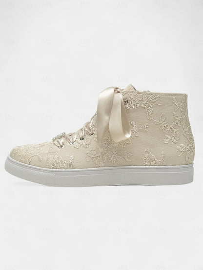 Lace Sneakers Wedding Women's Satin Laces with Ribbon Ivory