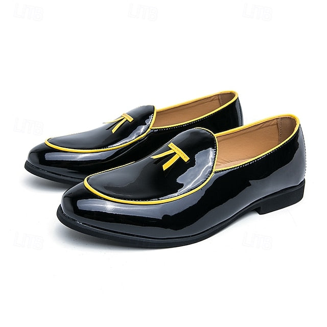 Men's Trim Yellow Faux Black Loafers Patent with Leather