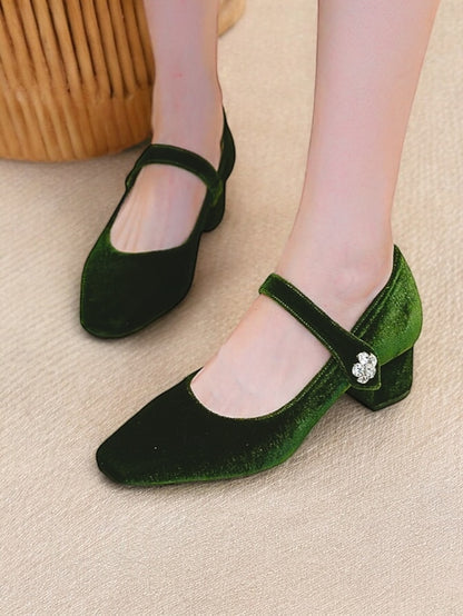 Mary Velvet - Women's Block Toe Square Jane Pumps Green